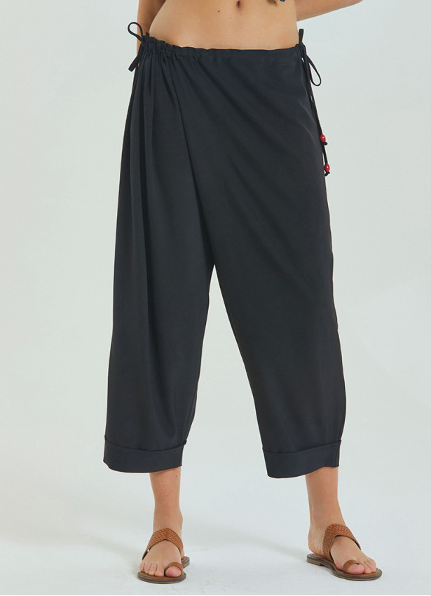 Adjustable Waist Black Women's Summer Trousers with Rope Detail 4583